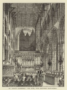 St Albans Cathedral, the nave, with restored rood-screen by English School