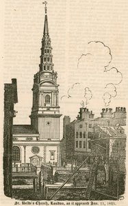 St Brides Church, Fleet Street, London, as it appeared 11 January 1825 by English School