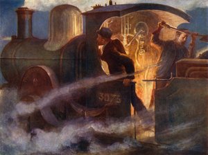 Steam engine at night by English School