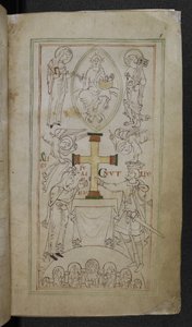 King Cnut and his Queen, Aelfgyfu, presenting a cross upon the altar of the New Minster (from 