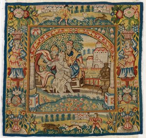 Tapestry cushion cover depicting Susannah at the Bath
