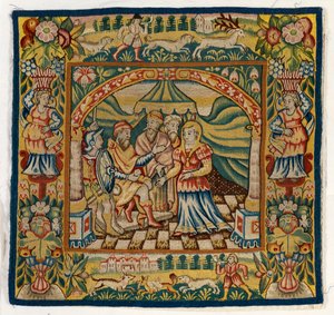 Tapestry cushion cover depicting Susannah before Judge