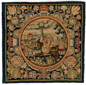 Tapestry Cushion Cover Depicting the Flight into Egypt, Made Possibly in Sheldon, England, Early 17th Century