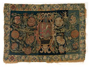 Tapestry Long Cushion Cover Depicting the Arms of Walter Jones and of His Wife Eleanor Pope, Made Possibly in Sheldon, England, After 1600