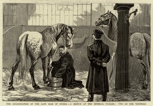 The Assassination of the Late Czar of Russia, a Sketch at the Imperial Stables, two of the wounded by English School