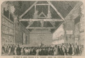 The Bishop of London preaching in the favourite omnibus yard, Upper Street, Islington by English School