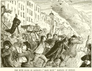 The Bute Riots in London--Jack Boot hanged in Effigy by English School