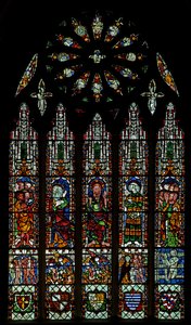 The east window depicting the Last Judgement: Christ, Virgin Mary, St John Baptist (rose window - internal)