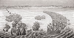 The English Fleet, commanded by Sir Francis Drake, attacking the Spanish Armada in 1588, from 