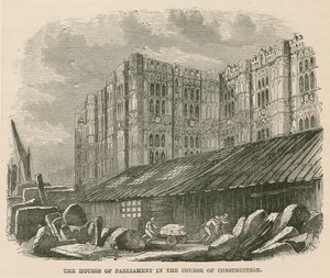 The Houses of Parliament in the Course of Construction by English School