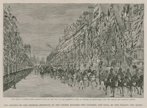 The Imperial Institute: Her Majesty passing down Queens Gate on her way to the opening ceremony by English School