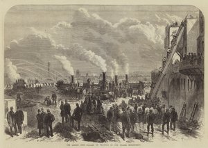 The London Fire Brigade at Practice on the Thames Embankment by English School