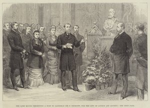 The Lord Mayor presenting a Bust to Alderman Sir F Truscott, for the City of London Art Society by English School