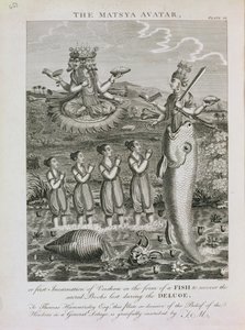 The Matsya Avatar, or the First Incarnation of Vishnu in the Form of a Fish to Recover the Sacred Books Lost During the Deluge, Engraved by Barlow by English School