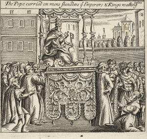 The Pope carried on mens shoulders, ye Emperors and Kings walking before, illustration from Acts and Monuments by John Foxe, ninth edition, pub. 1684 by English School