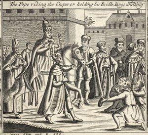 The Pope riding, the Emperor holding his bridle, Kings walking before him, illustration from Acts and Monuments by John Foxe, ninth edition, pub. 1684 by English School