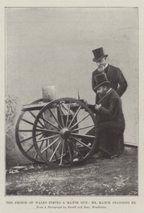 The Prince of Wales firing a Maxim Gun, Mr Maxim standing by by English School