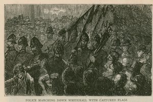 The Riot in Trafalgar Square: Police Marching Down Whitehall with Captured Flags by English School