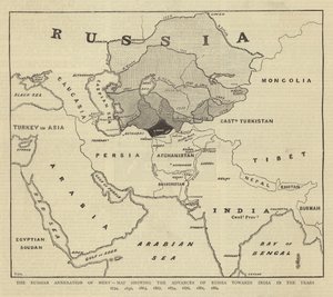 The Russian Annexation of Merv, Map showing the Advances of Russia towards India in the Years 1734, 1836, 1863, 1867, 1874, 1876, 1881, 1884 by English School