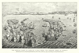The Spanish fleet in form of a half moon, the English fleet in pursuit by English School