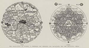 The Unification of London, a Proposal for Defining and Equalising the New Municipal Areas (engraving) by English School