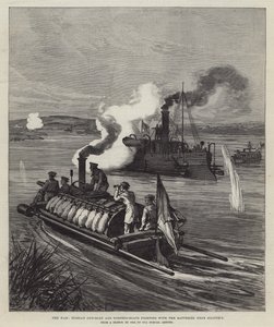 The War, Russian Gun-Boat and Torpedo-Boats fighting with the Batteries near Silistria by English School