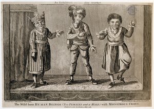 The Wild-Born Human Beings (Two Females and a Male) with Monstrous Craws, as Exhibited at the Haymarket, printed for Carington Bowles, 1787 by English School