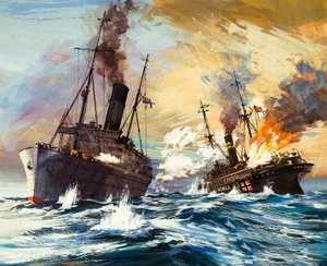 The Battle Between the British Alcantara and German Grail in World War I by English School