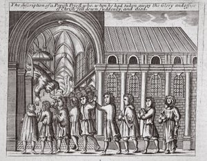 The description of a Popish priest who, when he had taken away the Glory and office of Christ, fell down suddenly and died, illustration from Acts and Monuments by John Foxe, ninth edition, published 1684 by English School