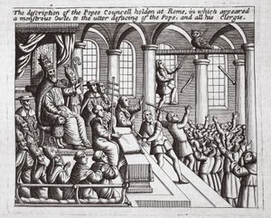 The description of the Popes Council held at Rome, in which appeared a monstrous Owl, to the utter defacing of the Pope, and all his clergy, illustration from Acts and Monuments by John Foxe, ninth edition by English School