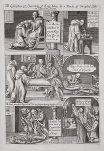 The description of the poisoning of King John by a monk of Swinstead Abbey in Lincolnshire, illustration from Acts and Monuments by John Foxe, ninth edition, pub. 1684 by English School