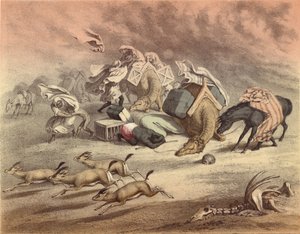 The great African desert, caravan of camels, horses and asses, overtaken by the Simoom, frightened gazelles by English School