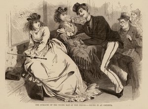 The Humours of the Young Man of the Period, Drunk in an Omnibus (engraving) by English School