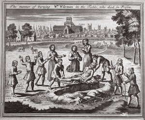The manner of burying William Wiseman in the fields, who died in prison, illustration from Foxe