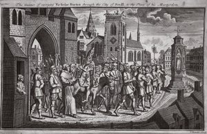 The manner of carrying Nicholas Burton through the city of Seville to the place of his martyrdom, illustration from Foxe