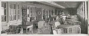 The sumptuous Parisian cafe on Titanic, with its trelliswork and climbing plants, from 