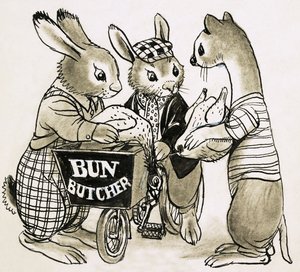 Three bunnies with dead chickens by English School