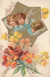 Three Cherubs in an Image Decorated with Flowers by English School