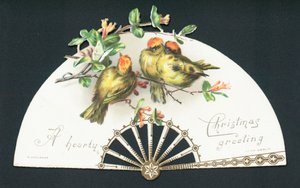 Three little birds sitting on fan by English School