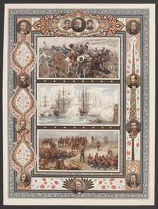 Three vignettes depicting naval and land battle scenes, including Relief of the Light Brigade by English School