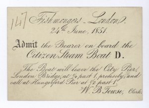 Ticket for London fishmongers to take a boat trip on the Citizen Steam Boat, 24 June 1851 by English School