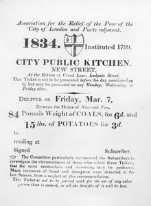 Ticket issued to the poor to receive coal and potatoes from the City public Kitchen, New Street, London, 1834 by English School
