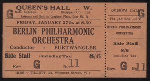 Ticket to a concert by the Berlin Philharmonic Orchestra, Queens Hall, London Friday, January 27th, 1928 by English School