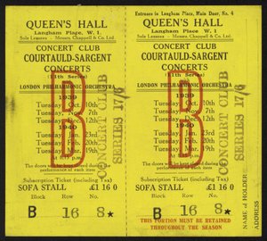 Ticket to the Courtauld-Sargent concerts, Queens Hall, Langham Place, London, 1939-1940 by English School