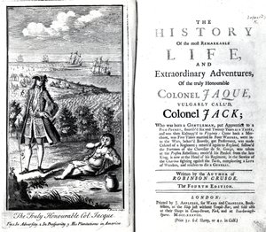 Title page and Frontispiece for The History of the most Remarkable Life and Extraordinary Adventures of the truly Honourable Colonel Jaque by Daniel Defoe, 1738 by English School