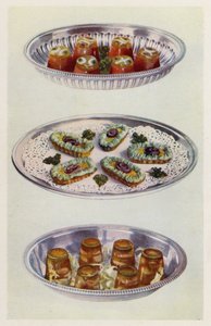 Tomato Creams; Anchovy Gondolas; Prawns in Aspic by English School