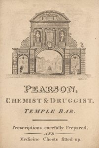 Trade card for Pearson, chemist and druggist, Temple Bar, London by English School