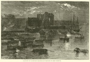 Transport of Communist prisoners on pontoons in Brest Harbour, 1871 by English School