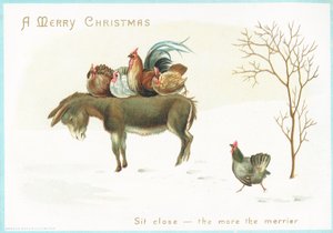Turkey and chicken sitting on Donkey