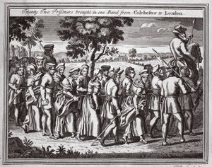 Twenty-two prisoners brought in one band from Colchester to London, illustration from Foxe